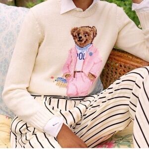 Polo by Ralph Lauren Cream Sweater with Pink Bear Motif